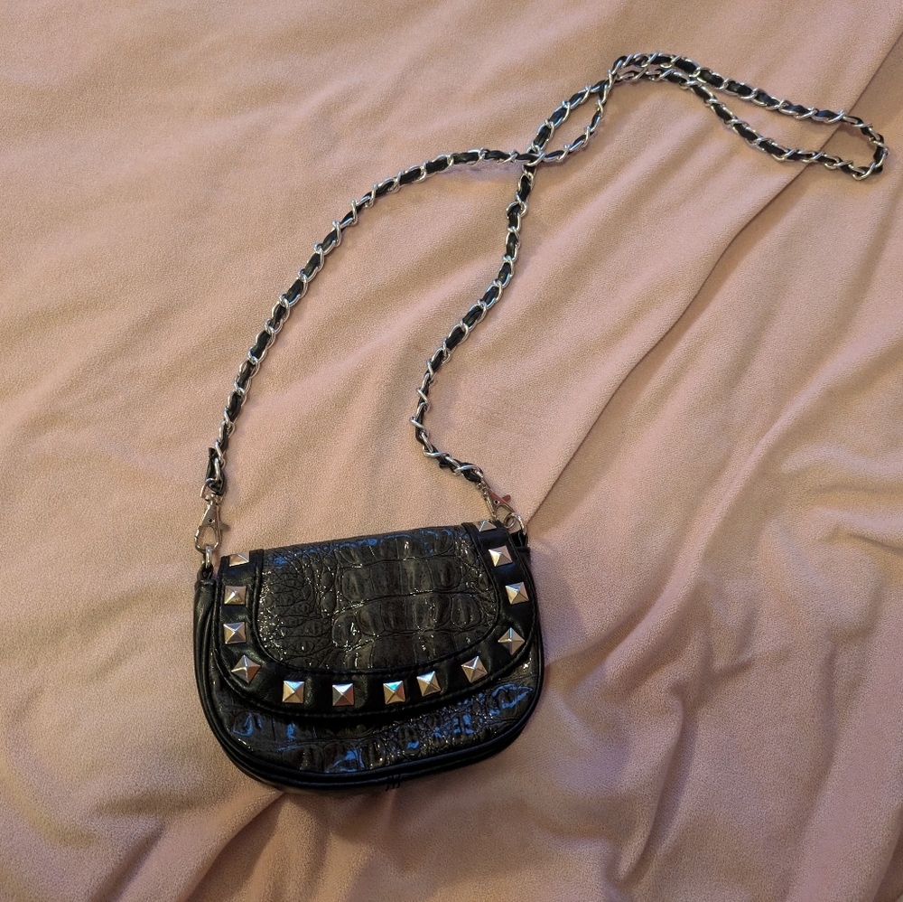 Black Studded Faux Crocodile Embossed Mini Crossbody Bag – Y2K / Edgy - Picture 3 of 7